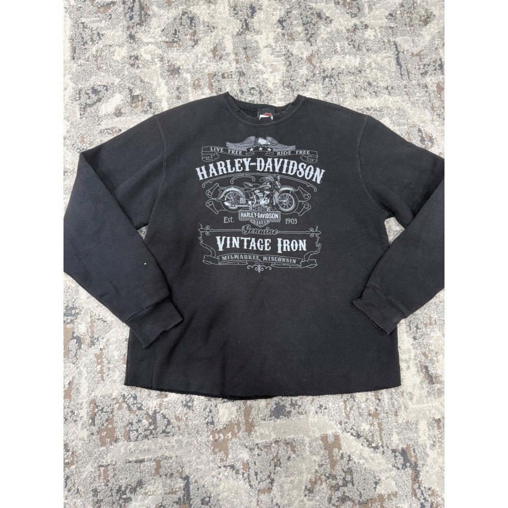 Harley-Davidson Vintage Iron Graphic Sweatshirt Black Raw Hem Medium 2014
